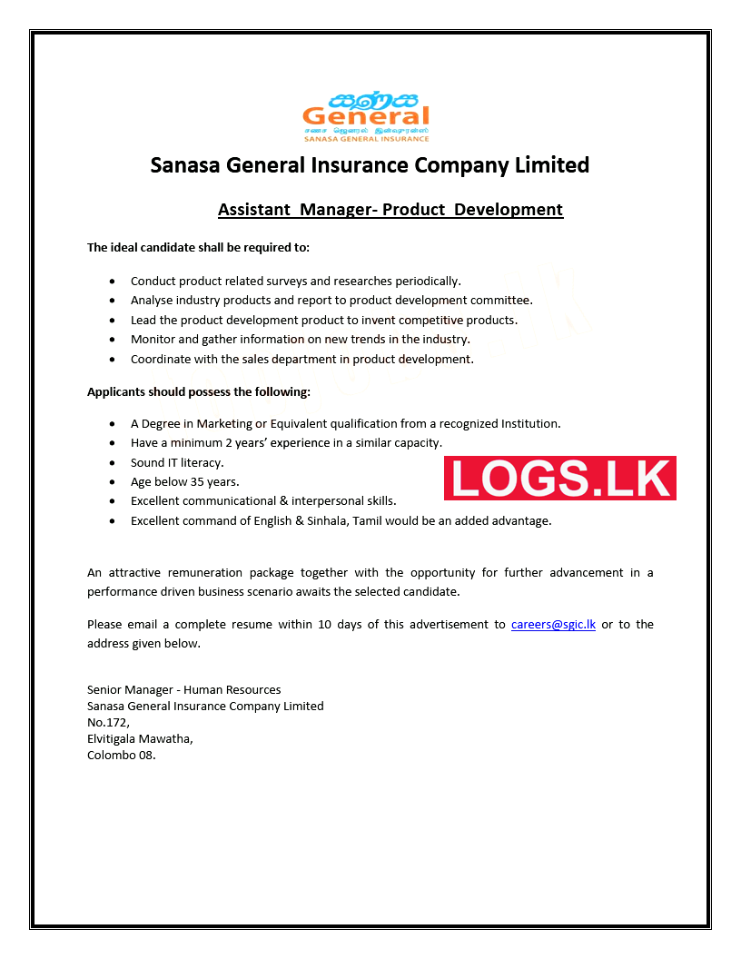 Assistant Manager - Sanasa Insurance Vacancies 2023 Application Details